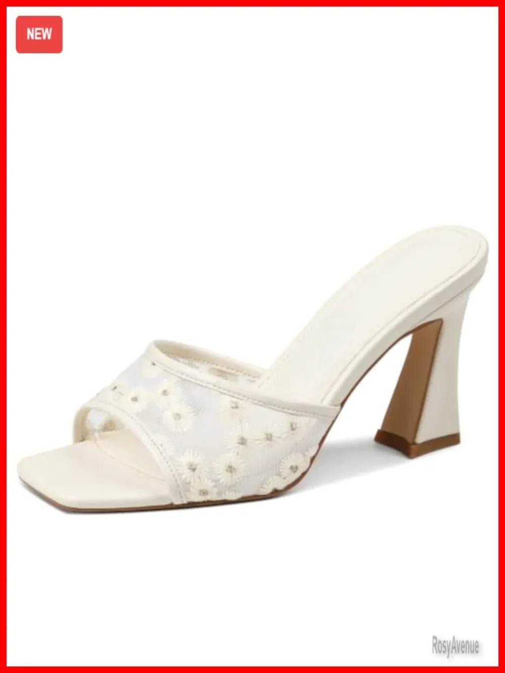 Floral Embroidered Mesh Kitten Heel Mules - Open Toe Block Heels 3.5